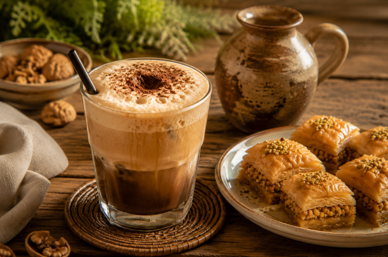 Krétske Freddo Cappuccino s hnedým cukrom a škoricou