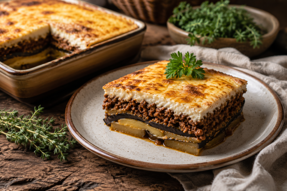 Krétska Mousaka – tradičná grécka zapečená musaka s baklažánom