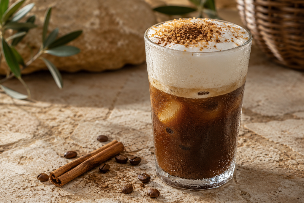 Krétske Freddo Cappuccino – tradičná grécka ľadová káva s hnedým cukrom a škoricou