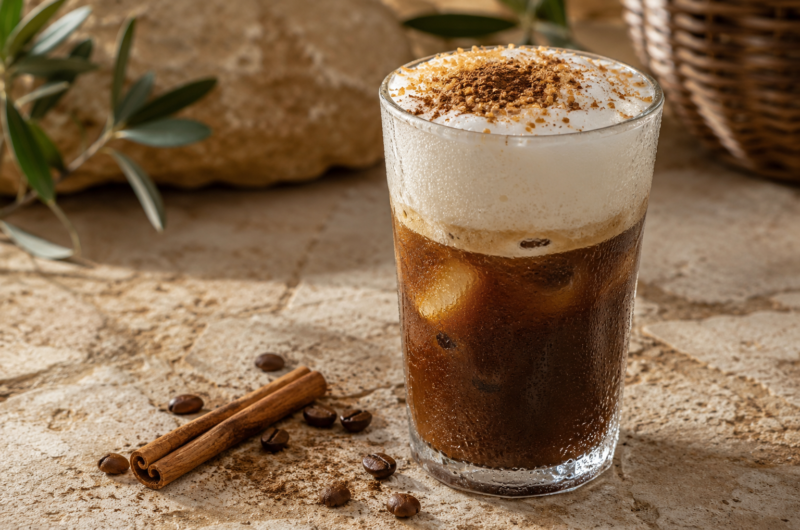 Krétske Freddo Cappuccino s hnedým cukrom a škoricou