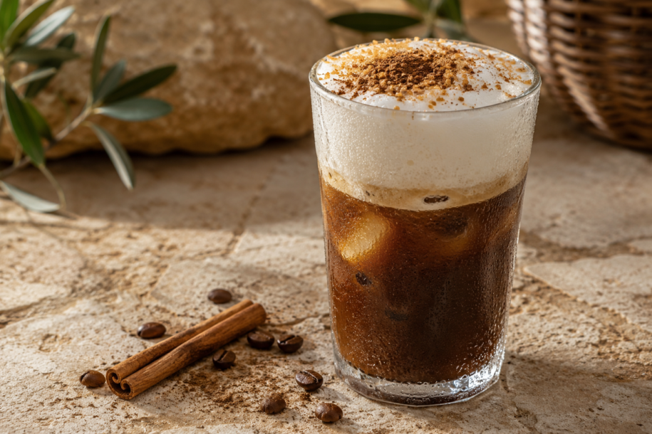 Krétske Freddo Cappuccino – tradičná grécka ľadová káva s hnedým cukrom a škoricou