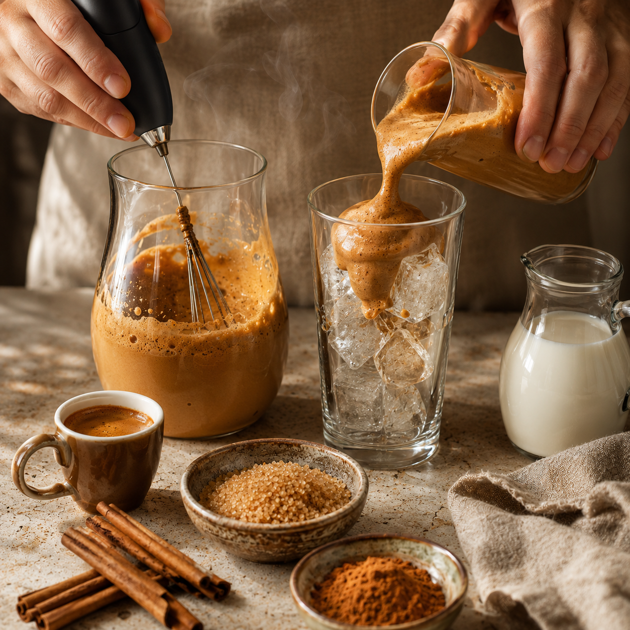 Krétske Freddo Cappuccino s hnedým cukrom a škoricou 37 Príprava