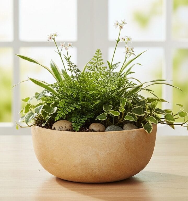 90362A Kvetináč 19x43cm 1 Plytká terakotová misa, kvetináč osadený rastlinou v záhrade